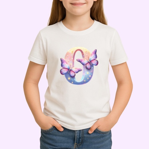 Tricou Alfabet Cifra 0 cu fluturi colorati, stele aurii, flori colorate, Alb, Unisex Dama si Barbat | Copii