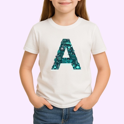 Tricou Alfabet Litera A cu circuite, cyber, tehnologie, Alb, Unisex Dama si Barbat | Copii
