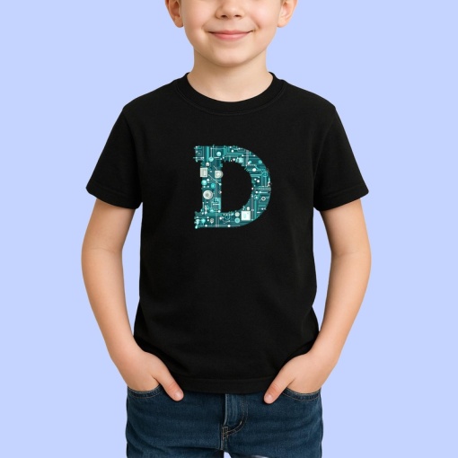 Tricou Alfabet Litera D cu circuite, cyber, tehnologie, Negru, Unisex Dama si Barbat | Copii