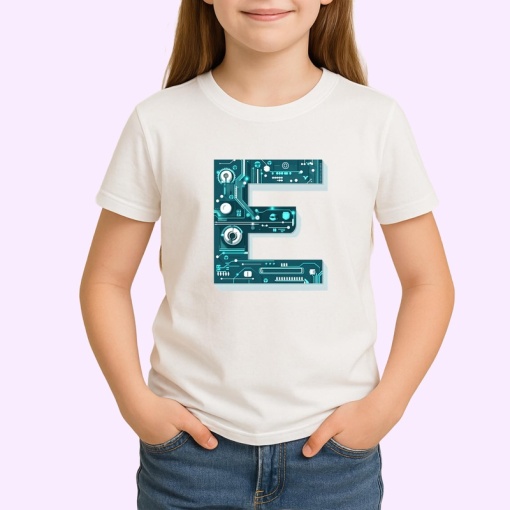 Tricou Alfabet Litera E cu circuite, cyber, tehnologie, Alb, Unisex Dama si Barbat | Copii