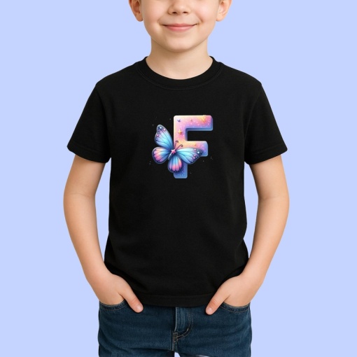 Tricou Alfabet Litera F cu fluturi colorati, stele aurii, flori colorate, Negru, Unisex Dama si Barbat | Copii