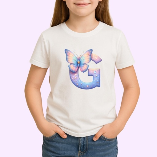 Tricou Alfabet Litera G cu fluturi colorati, stele aurii, flori colorate, Alb, Unisex Dama si Barbat | Copii