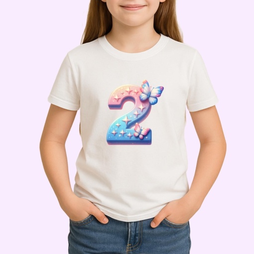 Tricou Alfabet Cifra 2 cu fluturi colorati, stele aurii, flori colorate, Alb, Unisex Dama si Barbat | Copii