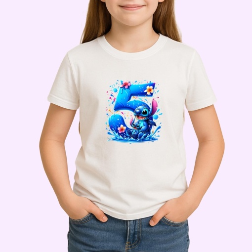 Tricou Alfabet Cifra 5 cu Lilo si Stitch albastru, veselie mare, Alb, Unisex Dama si Barbat | Copii