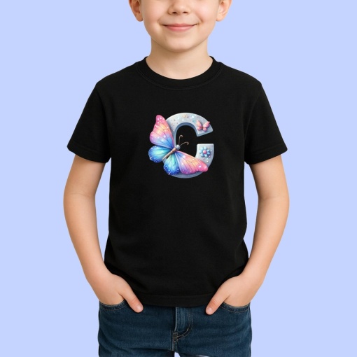 Tricou Alfabet Litera C cu fluturi colorati, stele aurii, flori colorate, Negru, Unisex Dama si Barbat | Copii