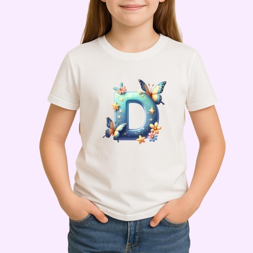 Tricou Alfabet Litera D cu fluturi colorati, stele aurii, flori colorate, Alb, Unisex Dama si Barbat | Copii
