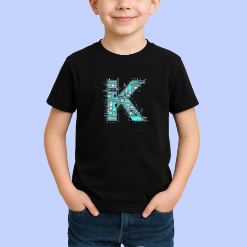 Tricou Alfabet Litera K cu circuite, cyber, tehnologie, Negru, Unisex Dama si Barbat | Copii