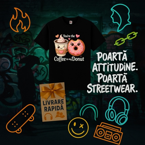Tricou Coffe and Donut Negru, Copii | Dama | Barbat