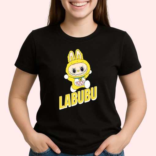Tricou Labubu galben simplu, Unisex Dama si Barbat | Copii, Culoare Negru