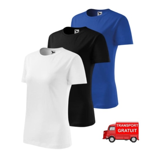 Set 3 tricouri dama simple bumbac 100%, casual clasic pentru femei multicolor, alb, negru, albastru regal 133