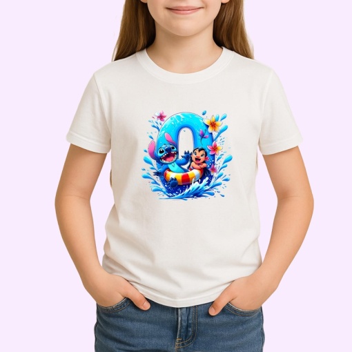 Tricou Alfabet Cifra 0 cu Lilo si Stitch albastru, veselie mare, Alb, Unisex Dama si Barbat | Copii