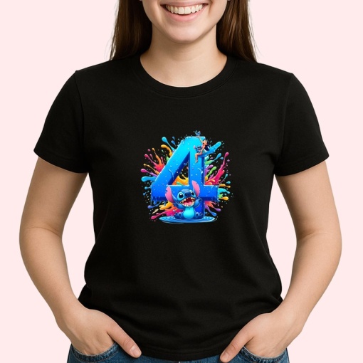 Tricou Alfabet Cifra 4 cu Lilo si Stitch albastru, veselie mare, Negru, Unisex Dama si Barbat | Copii