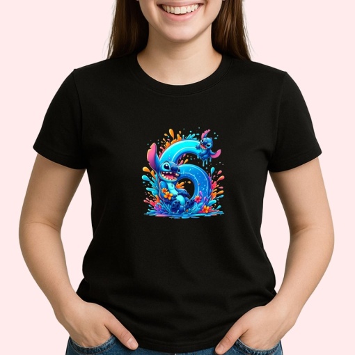 Tricou Alfabet Cifra 6 cu Lilo si Stitch albastru, veselie mare, Negru, Unisex Dama si Barbat | Copii