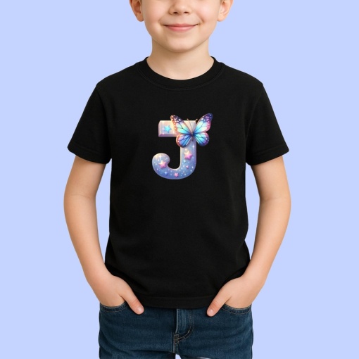 Tricou Alfabet Litera J cu fluturi colorati, stele aurii, flori colorate, Negru, Unisex Dama si Barbat | Copii