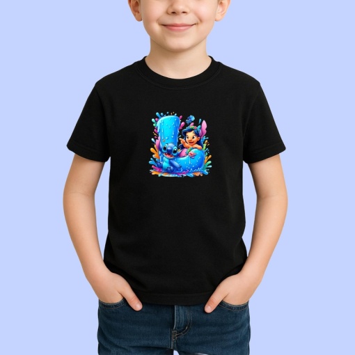 Tricou Alfabet Litera L cu Lilo si Stitch albastru, veselie mare, Mare, Negru, Unisex Dama si Barbat | Copii