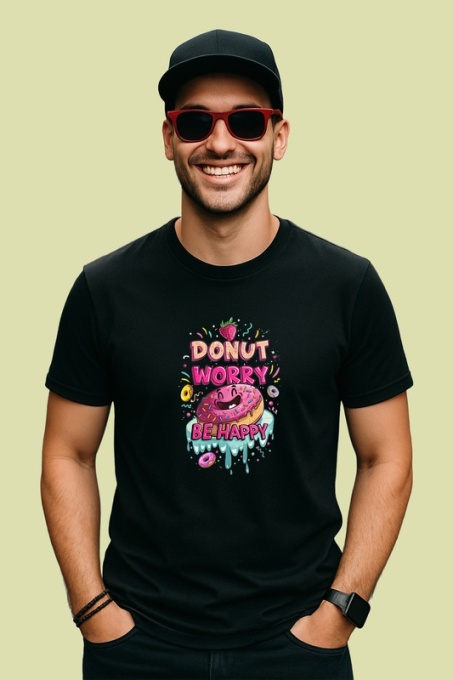 Tricou Donut Worry Be Happy Gogosi Roz, Copii | Dama | Barbat, culoare negru