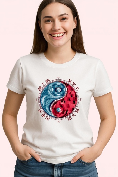 Tricou Yin Yang Rosu Albastru Stil Japonez, Copii | Dama | Barbat