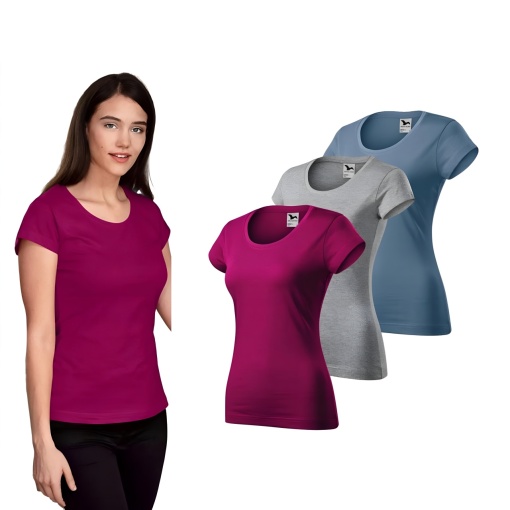 Set 3 tricouri pentru damă rosu fucsie, gri inchis, albastru denim