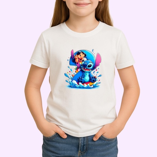 Tricou Alfabet Cifra 2 cu Lilo si Stitch albastru, veselie mare, Alb, Unisex Dama si Barbat | Copii