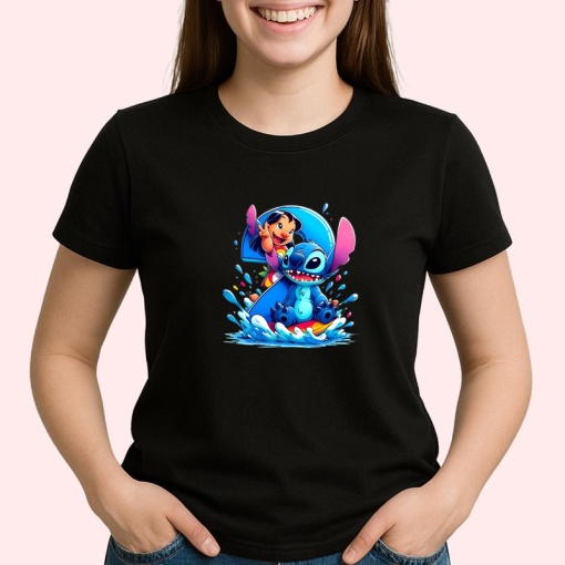 Tricou Alfabet Cifra 2 cu Lilo si Stitch albastru, veselie mare, Negru, Unisex Dama si Barbat | Copii