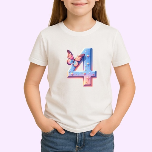 Tricou Alfabet Cifra 4 cu fluturi colorati, stele aurii, flori colorate, Alb, Unisex Dama si Barbat | Copii