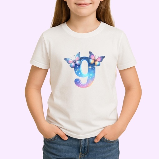 Tricou Alfabet Cifra 9 cu fluturi colorati, stele aurii, flori colorate, Alb, Unisex Dama si Barbat | Copii