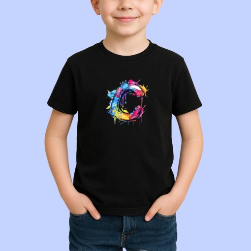 Tricou Alfabet Litera C cu graffiti, design exploziv, arta urbana, Negru, Unisex Dama si Barbat | Copii