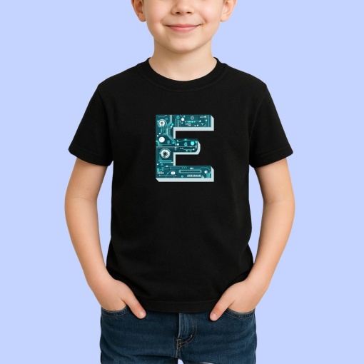Tricou Alfabet Litera E cu circuite, cyber, tehnologie, Negru, Unisex Dama si Barbat | Copii