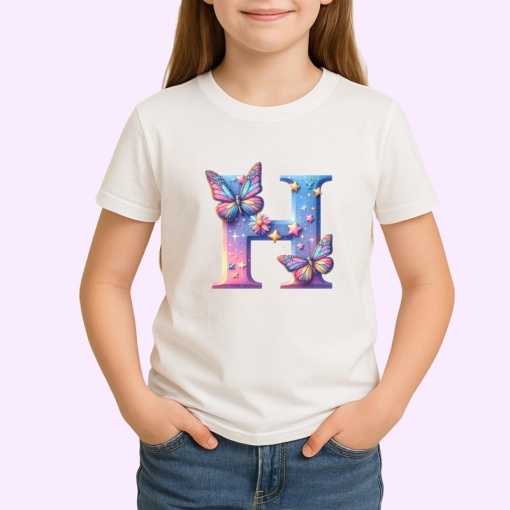 Tricou Alfabet Litera H cu fluturi colorati, stele aurii, flori colorate, Alb, Unisex Dama si Barbat | Copii