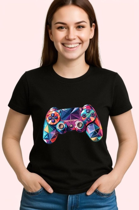 Tricou Controller Gaming Colorat Poligonal, Copii | Dama | Barbat, culoare negru