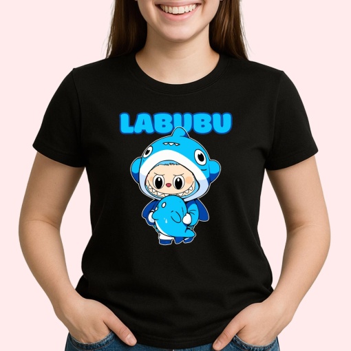 Tricou Labubu rechin albastru, Unisex Dama si Barbat | Copii, Culoare Negru