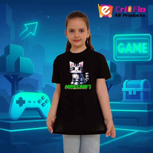 Tricou Minecraft Pisica Gri Tricou Negru Copii | Dama | Barbat