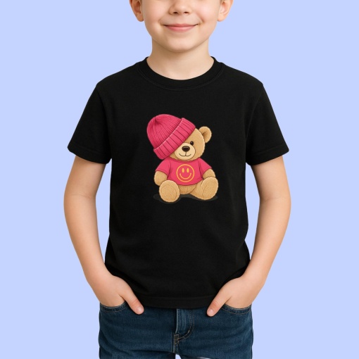 Tricou Ursulet Roz Happy Negru, Copii | Dama | Barbat