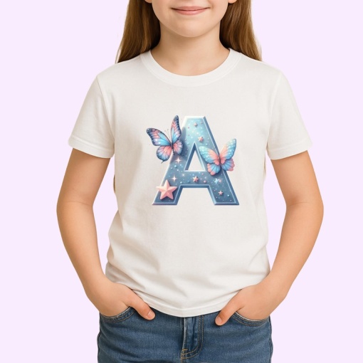 Tricou Alfabet Litera A cu fluturi colorati, stele aurii, flori colorate, Alb, Unisex Dama si Barbat | Copii