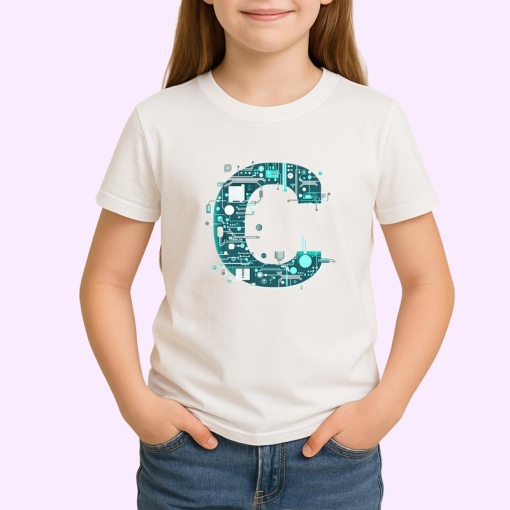 Tricou Alfabet Litera C cu circuite, cyber, tehnologie, Alb, Unisex Dama si Barbat | Copii