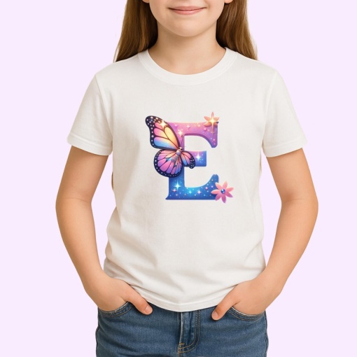 Tricou Alfabet Litera E cu fluturi colorati, stele aurii, flori colorate, Alb, Unisex Dama si Barbat | Copii
