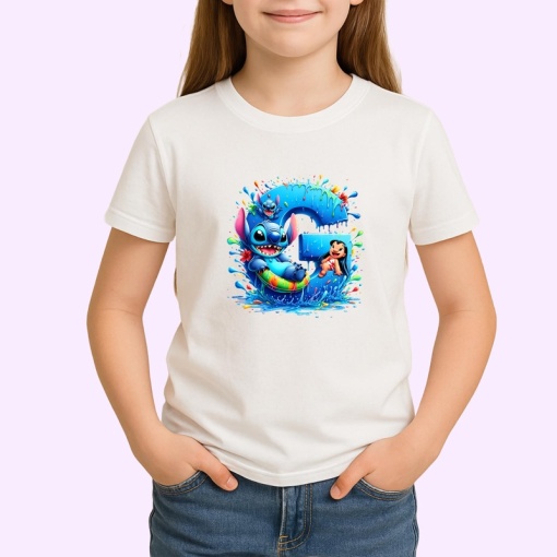 Tricou Alfabet Litera G cu Lilo si Stitch albastru, veselie mare, Alb, Unisex Dama si Barbat | Copii