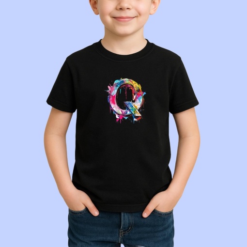 Tricou Alfabet Litera Q cu graffiti, design exploziv, arta urbana, Negru, Unisex Dama si Barbat | Copii