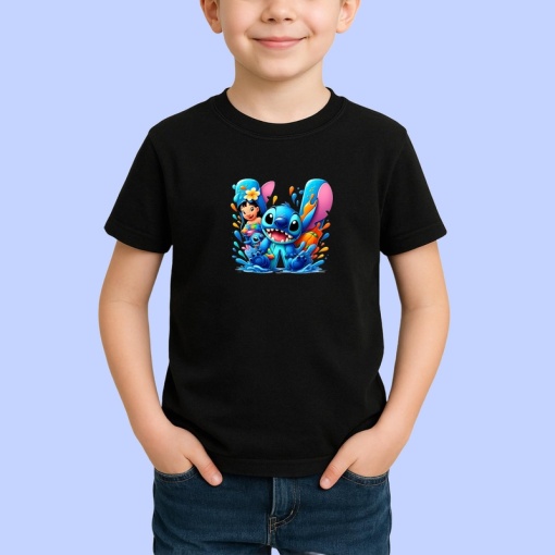 Tricou Alfabet Litera W cu Lilo si Stitch albastru, veselie mare, Mare, Negru, Unisex Dama si Barbat | Copii
