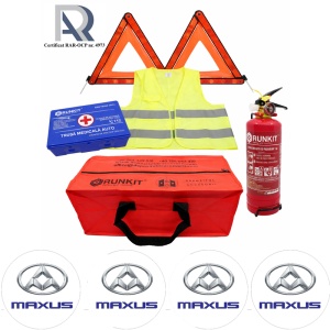 Kit Trusa siguranta rutiera auto, Omologat R.A.R, Valabilitate 5 ani, 1x Stingator cu manometru 1kg P1, 1x Trusa Medicala, 2x Triunghiuri,1x Geanta depozitare rosie, 4x Stickere auto Maxus