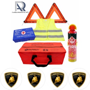 Kit Trusa siguranta rutiera auto, Omologat R.A.R, Valabilitate 5 ani, 1x Extinctor tip spray, 1x Trusa Medicala, 2x Triunghiuri,1x Geanta depozitare rosie, 4x Stickere auto Lamborghini