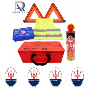 Kit Trusa siguranta rutiera auto, Omologat R.A.R, Valabilitate 5 ani, 1x Extinctor tip spray, 1x Trusa Medicala, 2x Triunghiuri,1x Geanta depozitare rosie, 4x Stickere auto Maserati