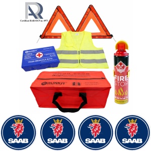 Kit Trusa siguranta rutiera auto, Omologat R.A.R, Valabilitate 5 ani, 1x Extinctor tip spray, 1x Trusa Medicala, 2x Triunghiuri,1x Geanta depozitare rosie, 4x Stickere auto Saab