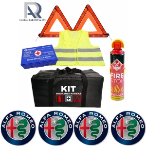Kit Trusa siguranta rutiera auto, Omologat R.A.R, Valabilitate 5 ani, 1x Extinctor tip spray, 1x Trusa Medicala, 2x Triunghiuri,1x Geanta depozitare neagra, 4x Stickere auto Alfa Romeo
