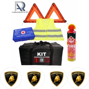 Kit Trusa siguranta rutiera auto, Omologat R.A.R, Valabilitate 5 ani, 1x Extinctor tip spray, 1x Trusa Medicala, 2x Triunghiuri,1x Geanta depozitare neagra, 4x Stickere auto Lamborghini