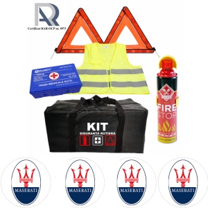Kit Trusa siguranta rutiera auto, Omologat R.A.R, Valabilitate 5 ani, 1x Extinctor tip spray, 1x Trusa Medicala, 2x Triunghiuri,1x Geanta depozitare neagra, 4x Stickere auto Maserati