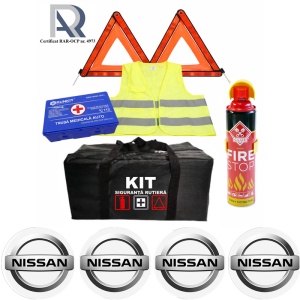 Kit Trusa siguranta rutiera auto, Omologat R.A.R, Valabilitate 5 ani, 1x Extinctor tip spray, 1x Trusa Medicala, 2x Triunghiuri,1x Geanta depozitare neagra, 4x Stickere auto Nissan