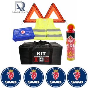 Kit Trusa siguranta rutiera auto, Omologat R.A.R, Valabilitate 5 ani, 1x Extinctor tip spray, 1x Trusa Medicala, 2x Triunghiuri,1x Geanta depozitare neagra, 4x Stickere auto Saab