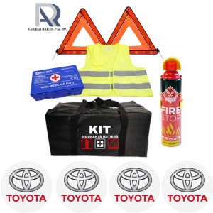Kit Trusa siguranta rutiera auto, Omologat R.A.R, Valabilitate 5 ani, 1x Extinctor tip spray, 1x Trusa Medicala, 2x Triunghiuri,1x Geanta depozitare neagra, 4x Stickere auto Toyota