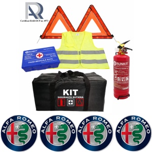 Kit Trusa siguranta rutiera auto, Omologat R.A.R, Valabilitate 5 ani, 1x Stingator cu manometru 1kg P1, 1x Trusa Medicala, 2x Triunghiuri,1x Geanta depozitare neagra, 4x Stickere auto Alfa Romeo